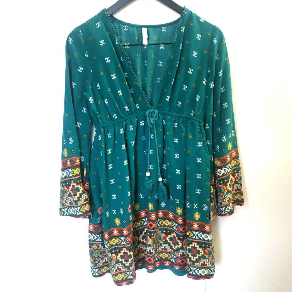 Boho Teal Green V-Neck Mini Dress Tie Waist Peasant Bell Sleeve Country Size M - Picture 2 of 11